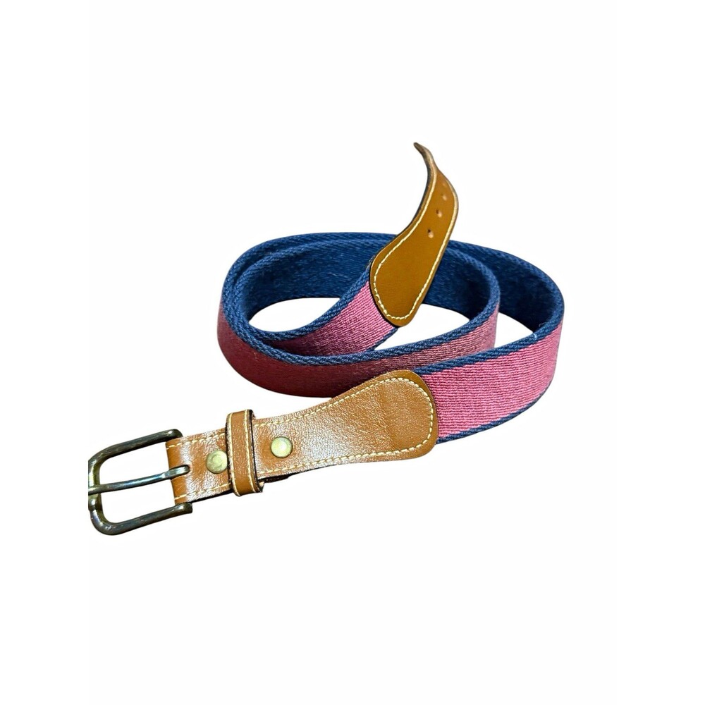 GANT Made in USA Men's Striped Canvas Belt Pink Blue Brown Leather Trim 1.25"